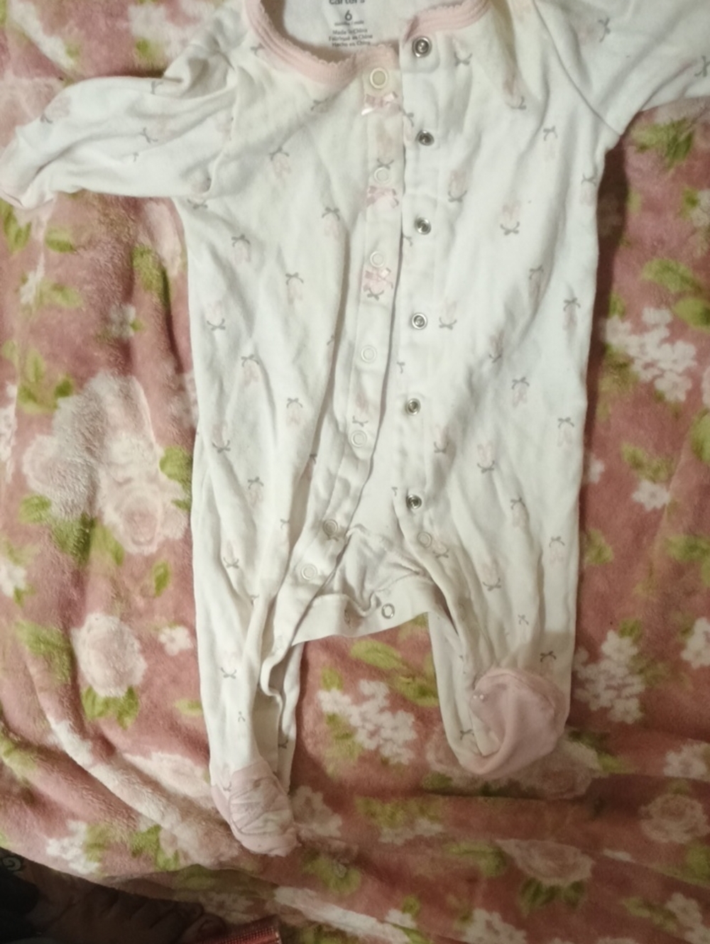 Carter's White Footed One-Piece with Pink Trim and Bow Accents